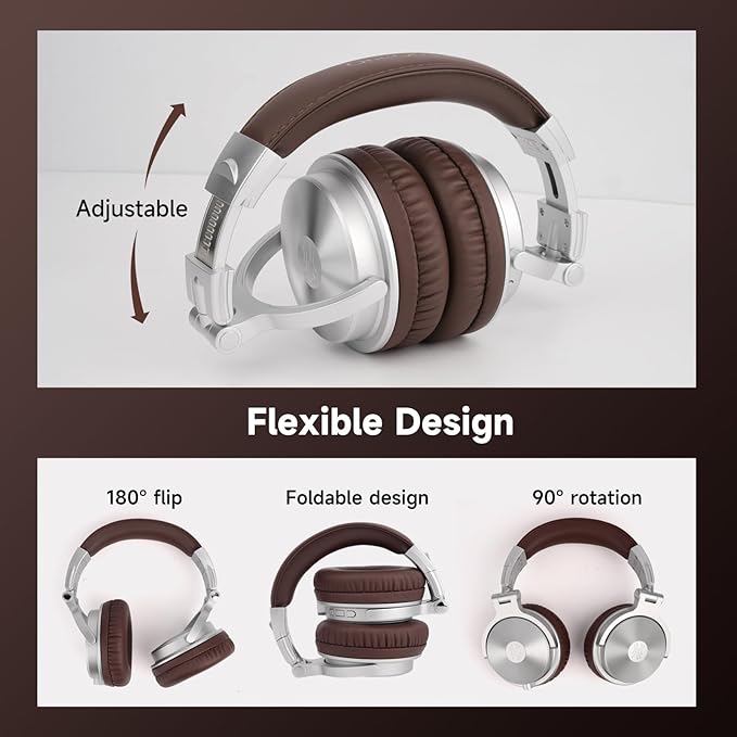 OneOdio Bluetooth Over Ear Headphones, 110 Hrs Wireless/Wired Stereo Sound Foldable Headsets with Deep Bass 50mm Neodymium Drivers for PC/Phone/Tablet - Studio Wireless Pro C, Silver