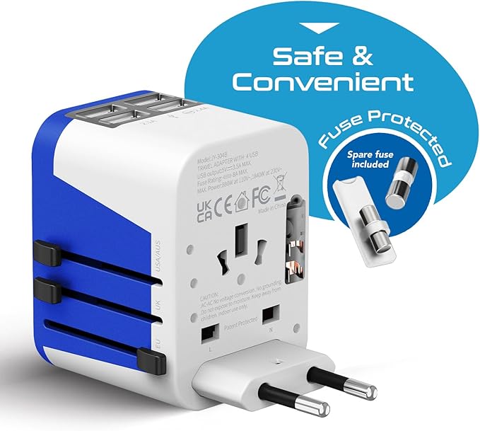 Ceptics Universal Travel Adapter Plug World Power W/ 4 USB Ports - Charge Cell Phones, Smart Watches, iPhones - For International Europe, China, UK, UAE, Australia - Type A, C, G, I