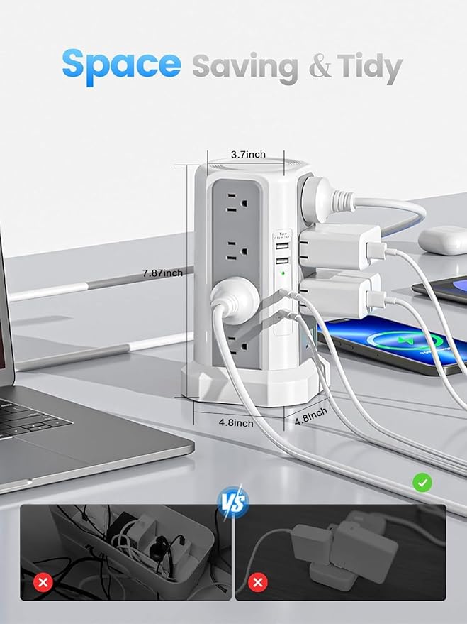 Surge Protector Power Strip with PD20W USB C,13A Thicker Extension Cord with Multiple Outlets 6FT Fararaka Tower Power Strip with USB Ports 2A2C,16AC,Office Supplies Dorm Essentials