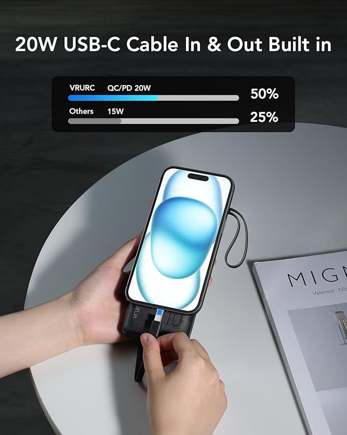 VRURC Portable Charger, 22.5W Power Bank 10000mAh, USB-C Cable in & Out Fast Charging Battery Pack, Compact Travel Essential 4 Outputs 3 Inputs for iPhone 16 15 14 13,Samsung, Android etc-Black