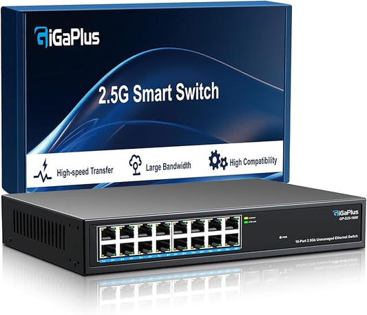 16 Ports 2.5Gb Unmanaged Ethernet Switch, 16*2.5G Base-T Ports. GiGaPlus 2.5Gbps Network Switch for 2.5Gbps NAS/PC, Wireless AP, WiFi6 Router. Plug and Play, Fanless Design.