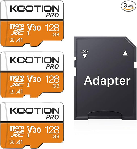 KOOTION 128GB Micro SD Card 3 Pack, UHS-I MicroSDXC Card for 4K Video Recording, U3, A1, V30, C10 TF Flash Memory Card with Adapter