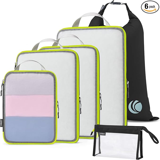 Cipway Compression Packing Cubes, See Through Mesh Luggage Organizer Bags, Travel Essentials for Carry on Suitcase with Laundry Bag and Clear Toiletries Bag（6Pcs,Black）
