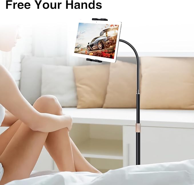 wishacc Tablet Floor Stand with Adjustable Gooseneck Mount, Swivels and Wheels for Bedside, Compatible with iPad, Galaxy Tab, Kindle and Phones