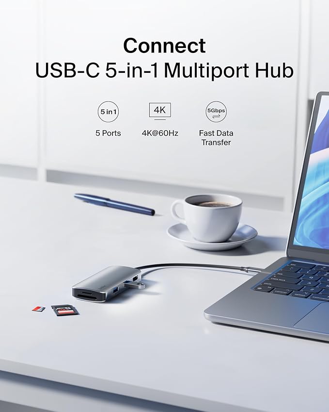 Belkin USB-C Hub, 5-in-1 Multiport Adapter - USB-C Docking Station with 4K HDMI, 2 x USB-A Ports, SD Card Slot, & MicroSD Card Slot for MacBook Pro, Air, iPad Pro, XPS, and More