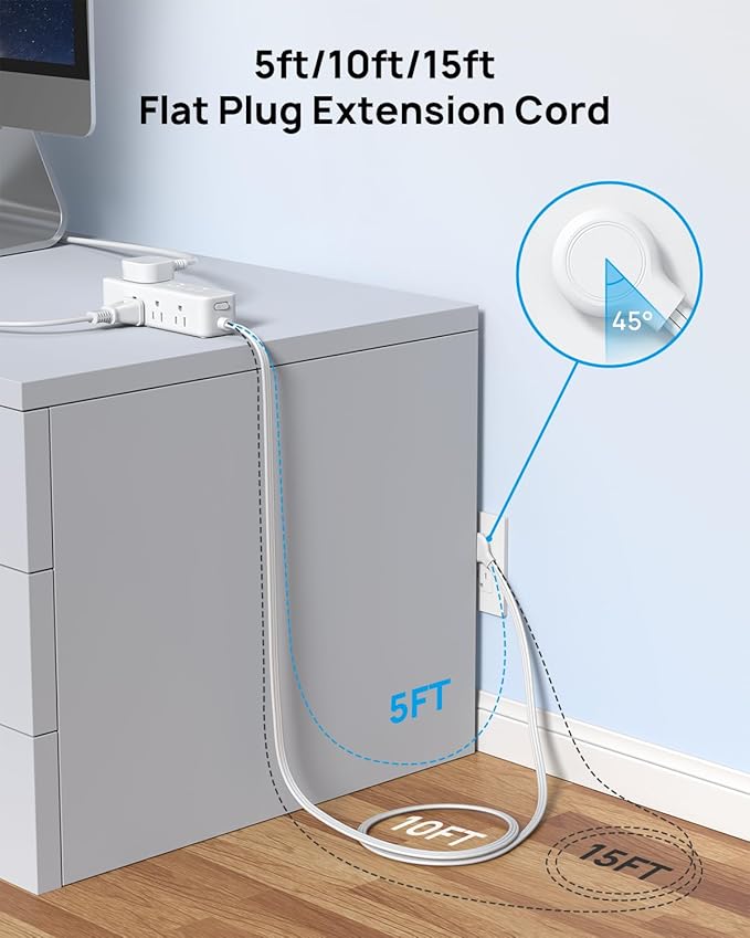 TROND Surge Protector Power Strip: 9 Widely Spaced AC Outlets with 20W USB C Charger Power Strip, 15ft Flat Plug Extension Cord, Wall Mount, Desk Charging Station, Hotel Dorm Room Essentials, White