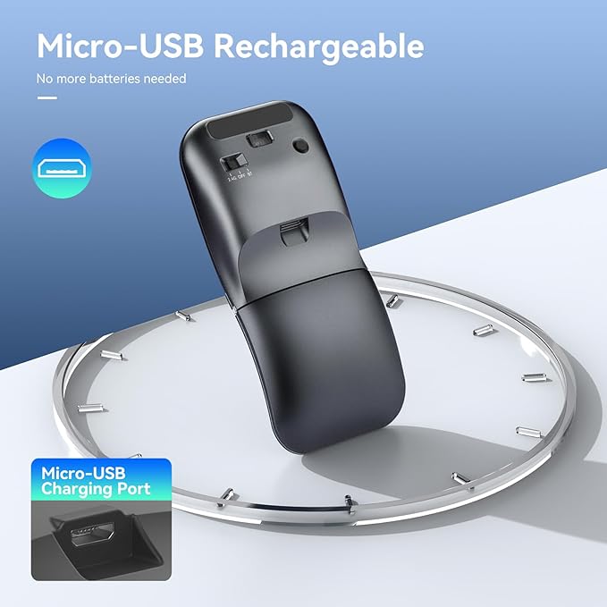 Foldable Bluetooth Travel Mouse, Rotatable Wireless, 2.4G Rechargeable With USB Receiver, Compatible for Computer, Laptop, Notebook, PC (Black)