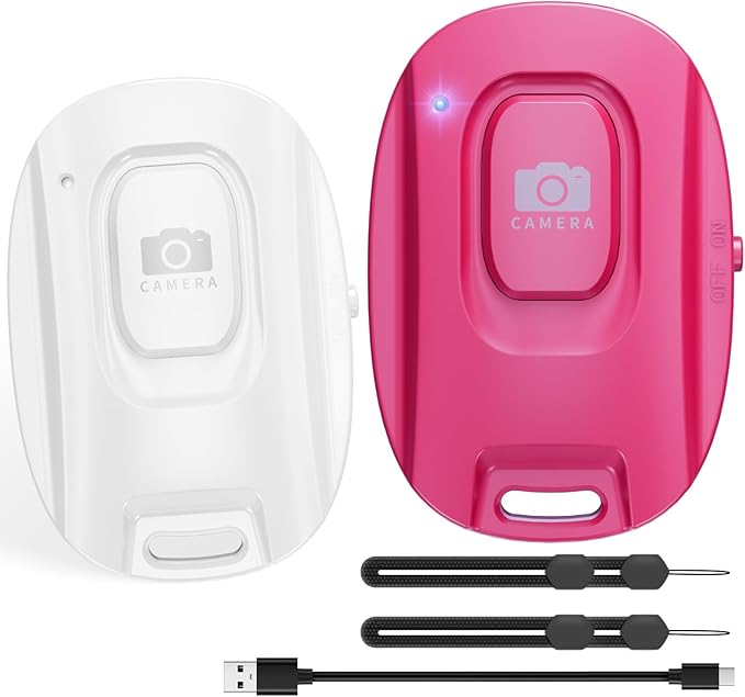MAIRAN Rechargeable Wireless Camera Remote Shutter for iPhone and Android Smartphones, 2 Pack Bluetooth Phone Remote Control,Selfie Button for Photos and Videos Charging Cable Included- Pink&White