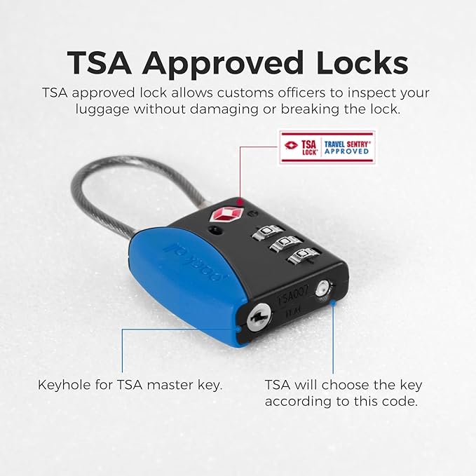 pack all TSA Approved Cable Luggage Locks, 3 Digit Combination Padlocks, Travel Lock for Suitcases & Bag, Alloy Body, Travel Accessories (1 Pack)（Navy）
