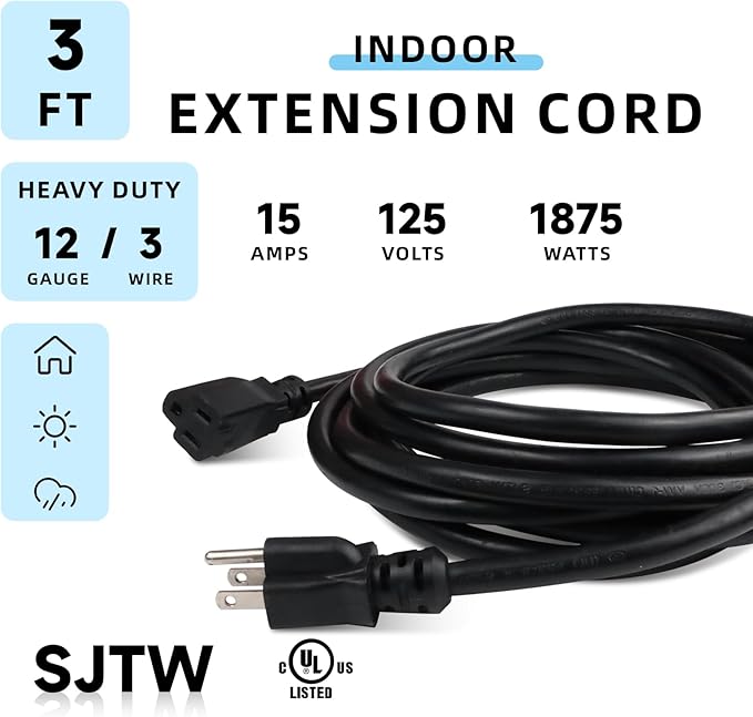 EP 3 Ft Extension Cord - 12/3 SJTW Heavy Duty Black Extension Cable with 3 Prong Grounded Plug - Power Cord for Lawn, Garden, Appliances