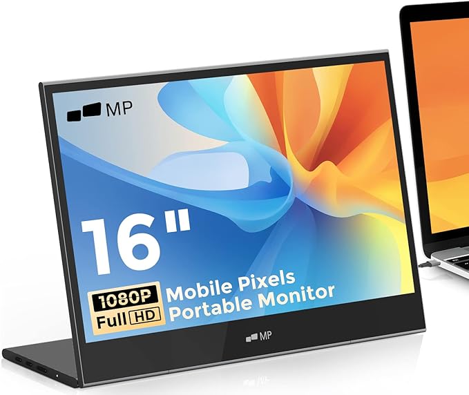 Mobile Pixels Glance Portable Monitor, 16" FHD 1080P Monitor, Travel Monitors with Dual Speakers, Tilt Adjustment & Non-Slip, HDMI USB C Plug & Play Extra Monitors for Laptop, macOS, Windows