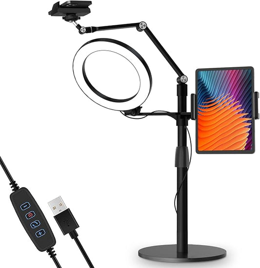viozon 3-in-1 Selfie Desktop Live Stand, Height Adjustable/Overhead, 8" LED Ring Light, Compatible with 3.5-13" Tablet& Phone, Suitable for YouTube/Tiktok/Recording/Streaming/Online Meeting-B