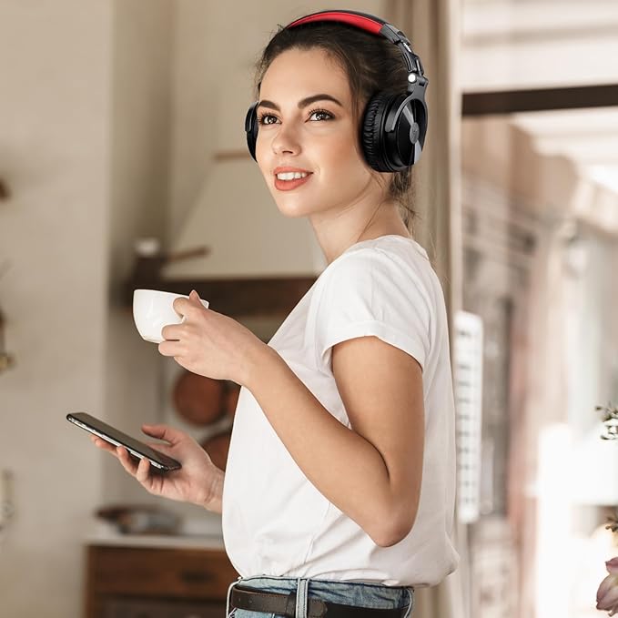 OneOdio Bluetooth Over Ear Headphones, 110 Hrs Wireless/Wired Stereo Sound Foldable Headsets with Deep Bass 50mm Neodymium Drivers for PC/Phone/Tablet - Studio Wireless Pro C, Red