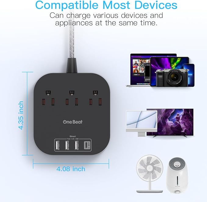 Power Strip with USB C, 3 Outlets 4 USB Ports (22.5W/4.5A) Desktop Charging Station, Flat Plug, 5ft Braided Extension Cord, Non Surge Protector for Travel, Cruise Ship, ETL Listed, Black