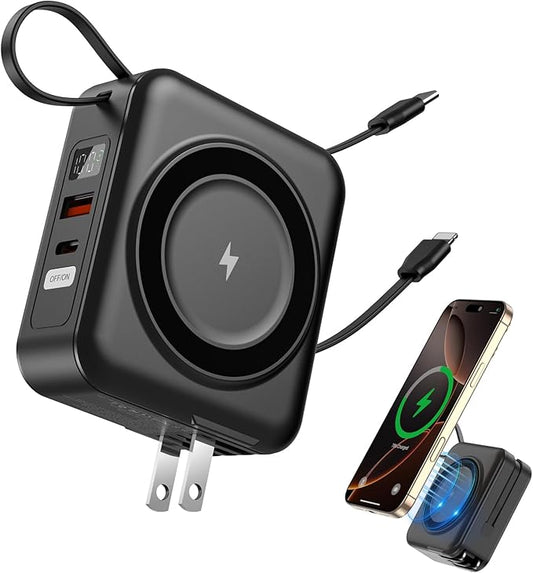for Magsafe Portable Charger with AC Wall Plug, 6-in-1 Magnetic Wireless Power Bank 10000mAh Built-in Cables, 22.5W Type-C in&Out Fast Charging Battery Pack for iPhone 16/15/14/13/12 Series, Black
