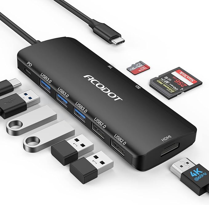 Acodot 9 in 1 USB C to 4K@60HZ HDMI Multiport Adapter, 3 USB 3.0 Ports, SD/TF Card Reader, 100W PD, Designed for MacBook Pro Air HP XPS etc, Black