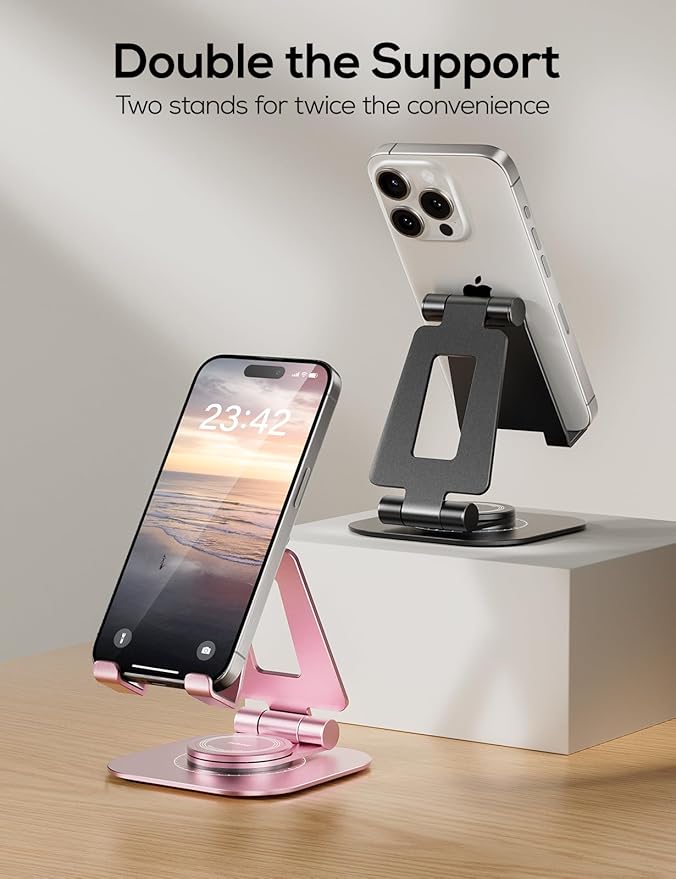 Nulaxy 2-Pack 360 Rotating Phone Stand, Fully Adjustable Foldable Phone Holder, Aluminum Desktop Cradle with Swivel Anti-Slip Base, Office Accessories for All Phones, Black & Rose Gold
