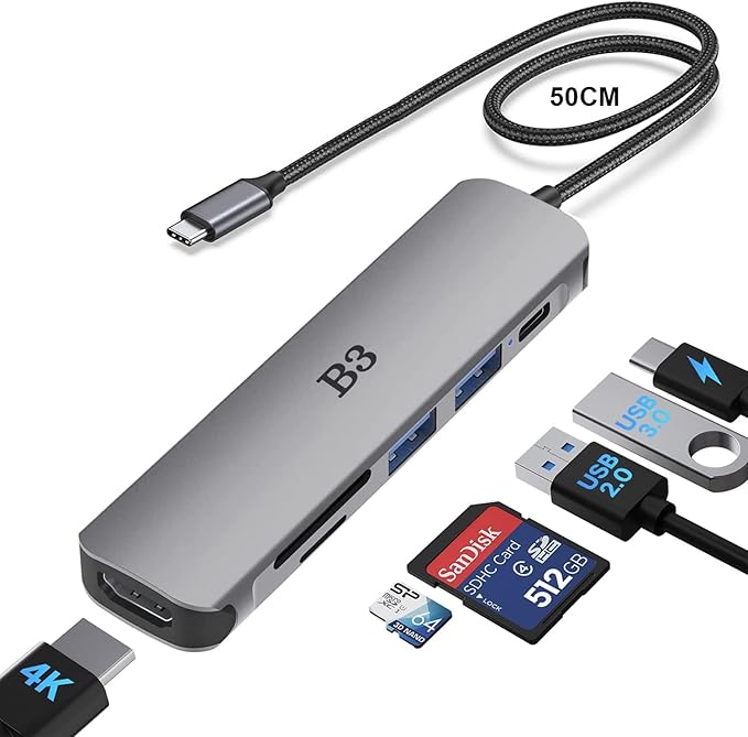 USB C Hub HDMI Adapter for MacBook Air Pro, 7 in 1 4K Dongle Multiport Converter with 50cm Cable, USB 3.0 5Gbps Data Transfer, 100W PD, SD/TF Card Slot, Digital AV Connector for Mac M1 M2 PC Laptop