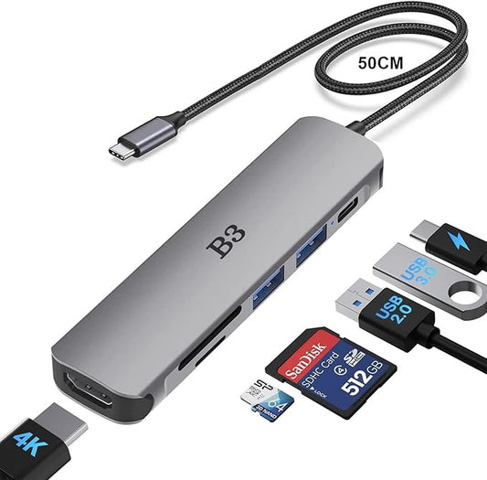 USB C Hub HDMI Adapter for MacBook Air Pro, 7 in 1 4K Dongle Multiport Converter with 50cm Cable, USB 3.0 5Gbps Data Transfer, 100W PD, SD/TF Card Slot, Digital AV Connector for Mac M1 M2 PC Laptop