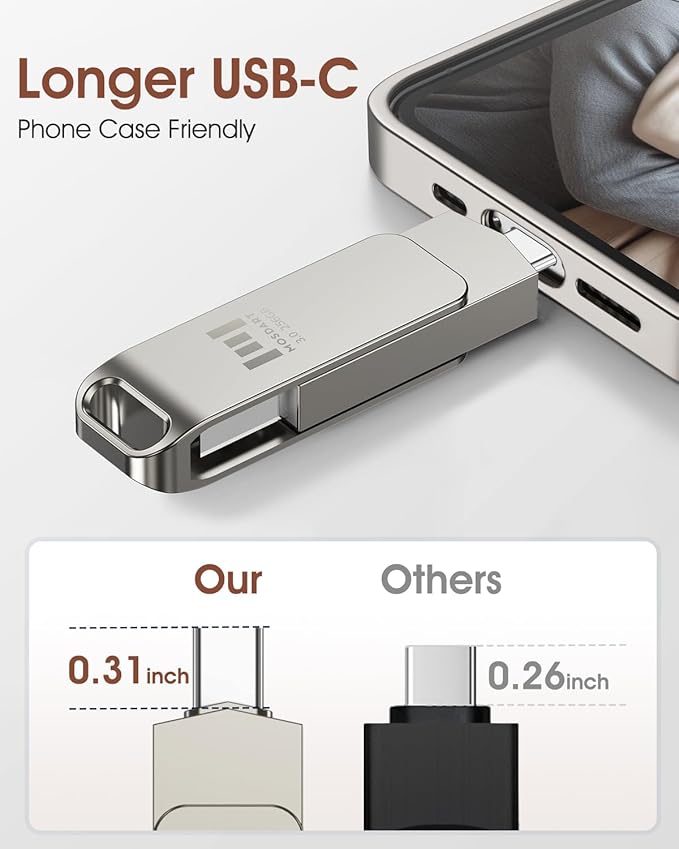 MOSDART 256GB USB3.1 Fast Speed C and A Dual Flash Drive, exFAT Memory Stick with Keychain Loop, for iPhone 15 and 16, Android Phone, iPad, MacBook, Silver