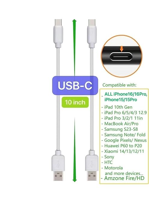 10-Pack Multi Short USB Cables & TypeC-C Cables for Charging Stations Compatible/w iPhone16/15, iPhone5-14/ iPads/iPad mini/iPad Pros/Samsung Moblies & Tablets/Pixel & Nexus/HTC/Sony(White)