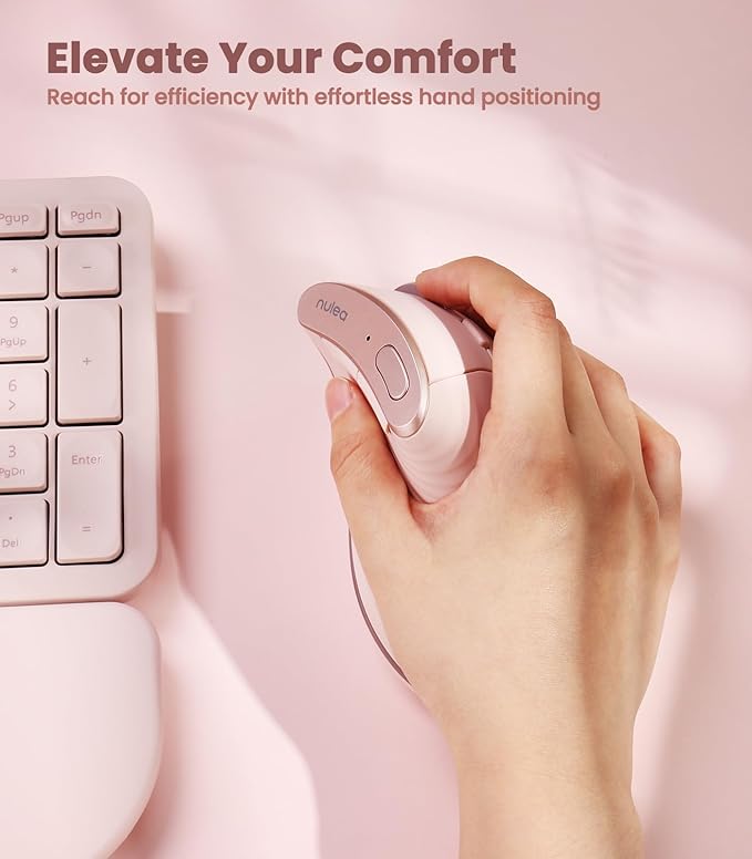 Nulea M510 Vertical Mouse Wireless, Ergonomic Mouse for Comfy Tracking, 3 Adjustable DPI (800-1200-1600), 2.4G Wireless Vertical Mouse with 6 Buttons, Compatible with Windows, Mac OS, Laptop, PC,Pink
