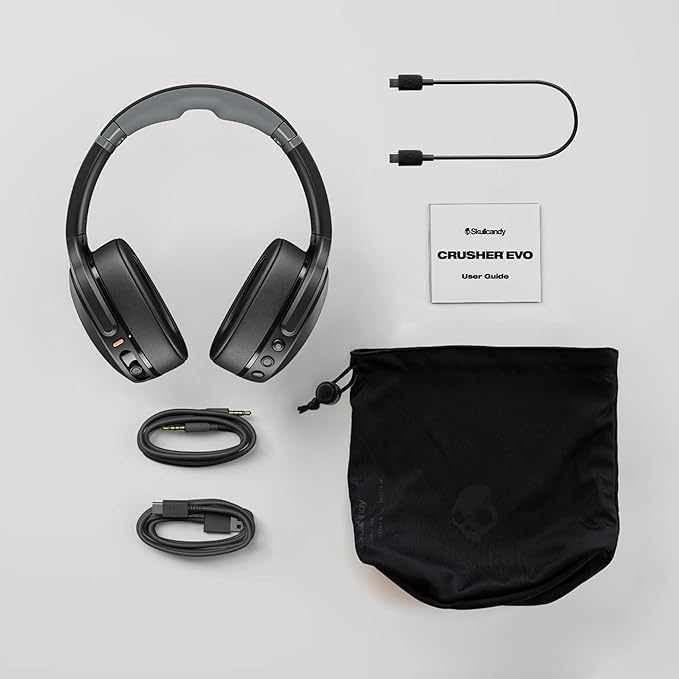 Skullcandy Crusher Evo Wireless Bluetooth Headphones with Extra USB-C Charging Cable, Multi-Sensory Bass, Noise Isolating Over-Ear Fit, 40 Hours Battery, Microphone for iPhone Android - True Black