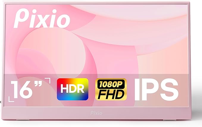Pixio PX160 Wave Pink Portable Monitor 15.6 inch 60Hz FHD 1080p IPS Panel HDR Screen Cover Stand USB-C HDMI Laptop Screen Extender Portable Monitor for Laptop, PC, Console, Phone