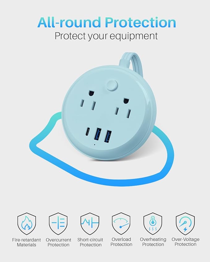 Flat Plug Power Strip with USB C Ports, KOOSLA Travel Extension Cord No Surge Protection - 2 Outlets 3 USB Ports(1250W) - Cruise Essentials for Cruise Ship, Home, Office, Dorm Room, 5ft