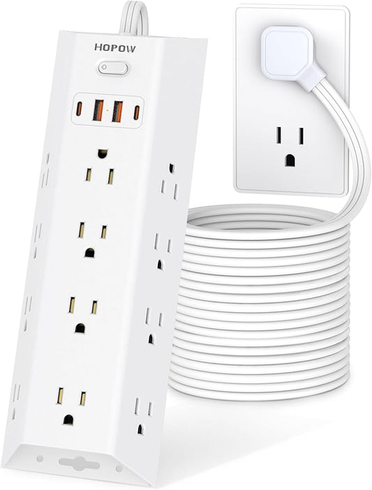 10FT Surge Protector Power Strip, HOPOW Long Extension Cord with 12 Widely AC Outlets 4 USB (2-USB C), Flat Plug, Wall Mount Power Strip, 1700 Joules Charging Station for Home Office, White