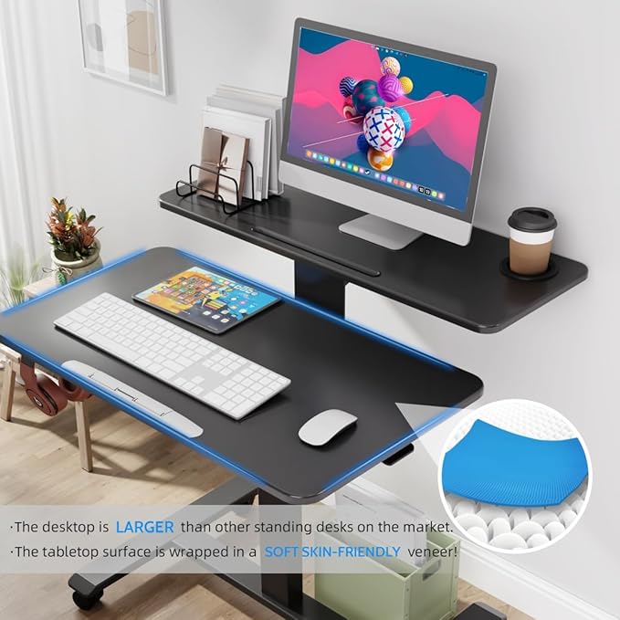 Pneumatic Standing Desk with Wheels - Adjustable Height 28" - 46" & 0-90° Tilt, 31.5" x 17.7" Skin-Feel Desktop, Rolling Computer Desk for Home Office, Hospital, School (Black)