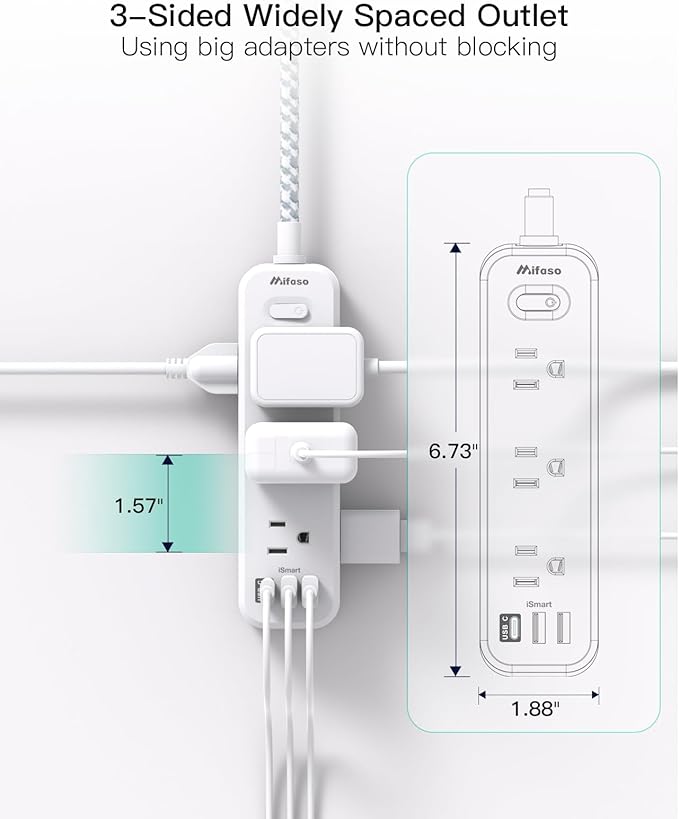 Mifaso Extension Cord, Surge Protector Power Strip, Long Extension Cord with 9 Outlets 3 USB Ports, Extension Cord with Multiple Outlets, USB Power Strip for Dorm Room Essentials, College (5FT, White)