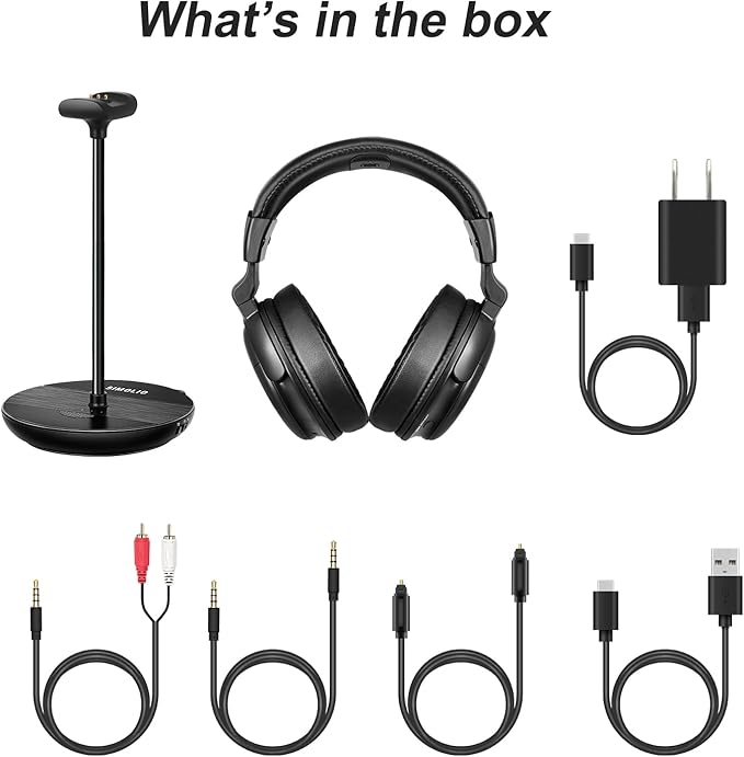 SIMOLIO Wireless Headphones for TV with Clear Dialog Mode, Boosted Volume & Spare Battery for Seniors, Comfortable TV Watching w/L/R Balance, by-Pass, Charging/Transmitter Stand 2-in-1, No Pairing