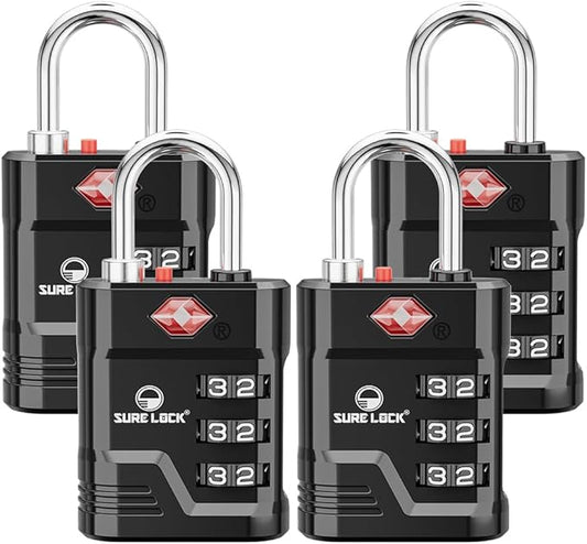 SURE LOCK TSA Locks for Luggage, TSA Approved Luggage Locks with Open Alert, 008 Key for High Security, Easy Read Dials, Zinc Alloy Body, Locker Lock for Suitcase, Gym, Travel. (Black 4 pk)