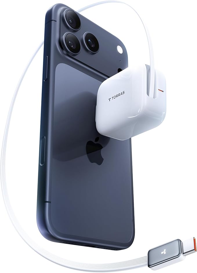 TORRAS FlexLine 40W for iPhone 17 Charger, Fast Charging Retractable USB C Charger Block with Cable, Dual-Port GaN Ⅲ Type C Adapter for iPhone 16 Pro Max/iPhone 16/iPhone 15 with Foldable Plug