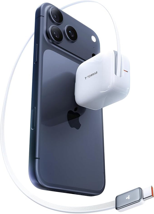 TORRAS FlexLine 40W for iPhone 17 Charger, Fast Charging Retractable USB C Charger Block with Cable, Dual-Port GaN Ⅲ Type C Adapter for iPhone 16 Pro Max/iPhone 16/iPhone 15 with Foldable Plug