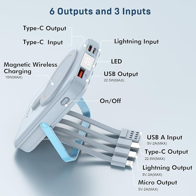 Wireless Portable Charger 10000mAh,Magnetic Power Bank with Built-in Cables LED Display,22.5W PD Fast Charging for Magsafe Battery Pack Compatible with iPhone16/15/14/13/12/Pro/Pro Max(Blue)