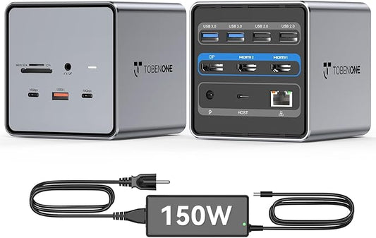 TobenONE USB C Docking Station Dual/Triple Monitors with 150W Power Adapter for Dell/HP/Lenovo/Surface/Asus/Chromebook, 2 HDMI, DP, 5 USB, Ethernet, SD 4.0/Micro SD