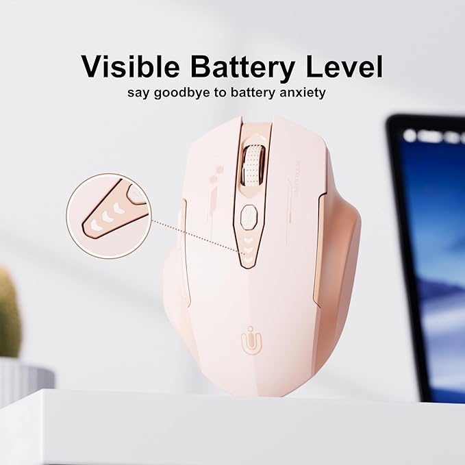Wireless Bluetooth Mouse,[Upgraded] Rechargeable Computer Mice (BT 5.0/4.0+2.4G Hz) with Visible Battery Level, 4 Adiustable DPl, Portable PC Mouse for MacBook Chromebook,Pink
