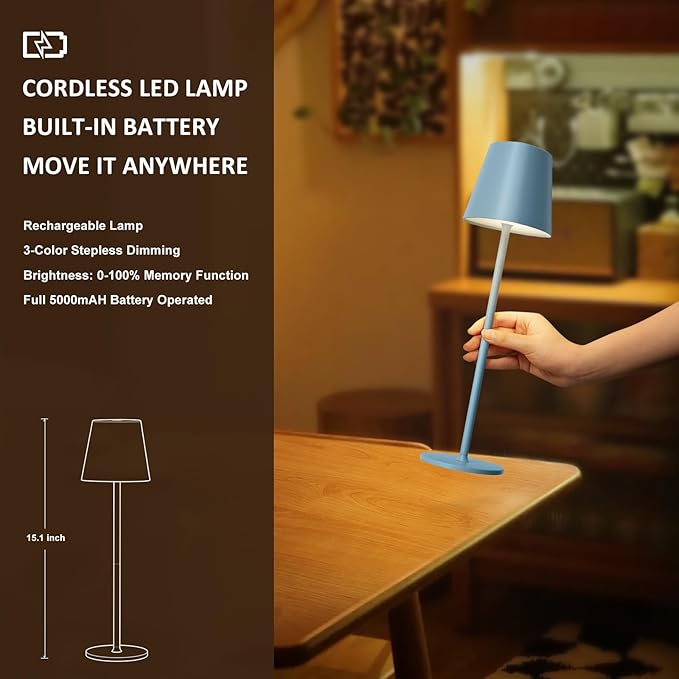 Kakanuo Cordless Table Lamps Pack of 4, Portable LED Desk Lamp, Battery Operated Lamp, Wireless Rechargeable Lamp, 3 Color Stepless Table Lamp for Restaurant, Bar, Party, Camping and Bedroom - Blue