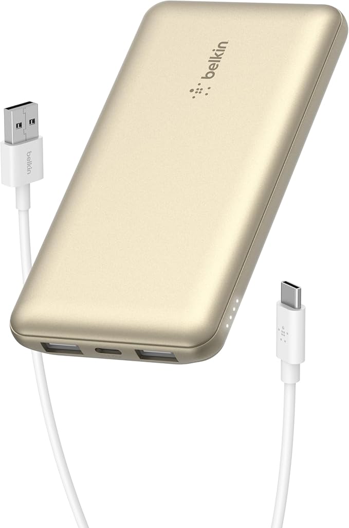 Belkin Portable Charger, USB-C Power Bank 10000 mAh w/ 2xUSB-A Ports, 15W w/Type-C to Type-A Cable for iPhone 17, Air, Pro, Samsung Galaxy S25, iPad, Nintendo Switch 2, Google Pixel 10, etc. - Gold