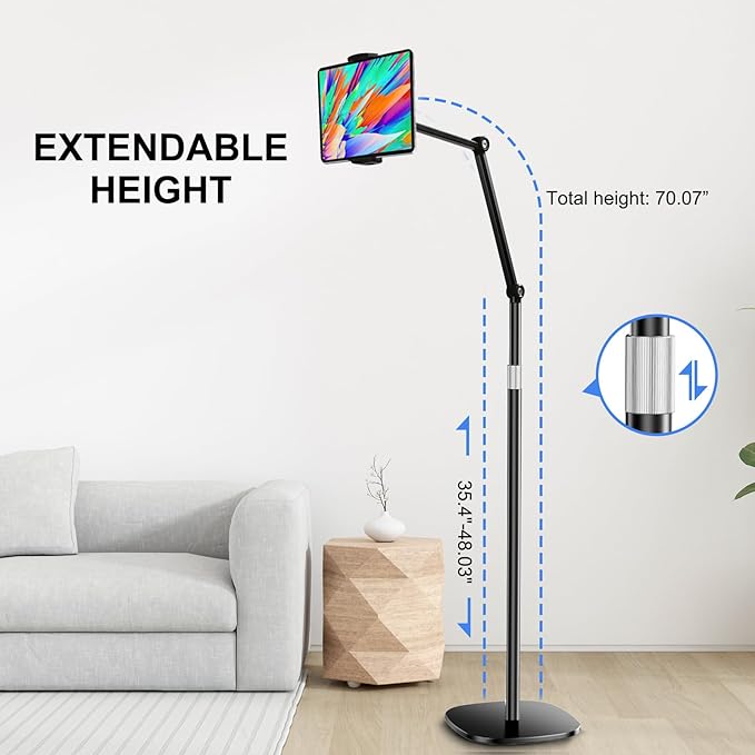 OATSBASF Tablet Floor Stand, Overhead Bed Phone Mount, Height & 360 Degree Angle Adjustable Universal Metal Tablet Holder Compatible with iPad, Samsung Galaxy Tab, iPhone, Kindle, 4.7-12.9" (Black)