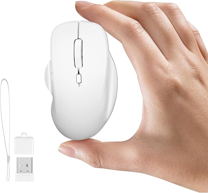 Uiosmuph Mini Wireless Bluetooth Mouse for Travel, Silent Rechargeable Computer Mouse for Laptop, Small Portable BT5.1/5.0 & 2.4Ghz with USB Receiver and Type C Adapter - White