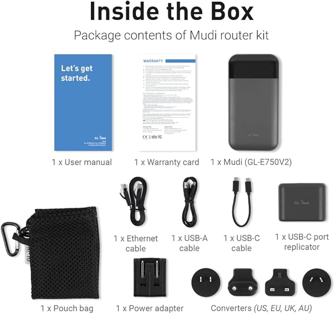GL.iNet GL-E750V2 (MUDI) 4G LTE Portable Wi-Fi Hotspot for Travel | Mobile Hotspot Device, OpenWrt, OpenVPN, WireGuard, 7000mAh, Global Version