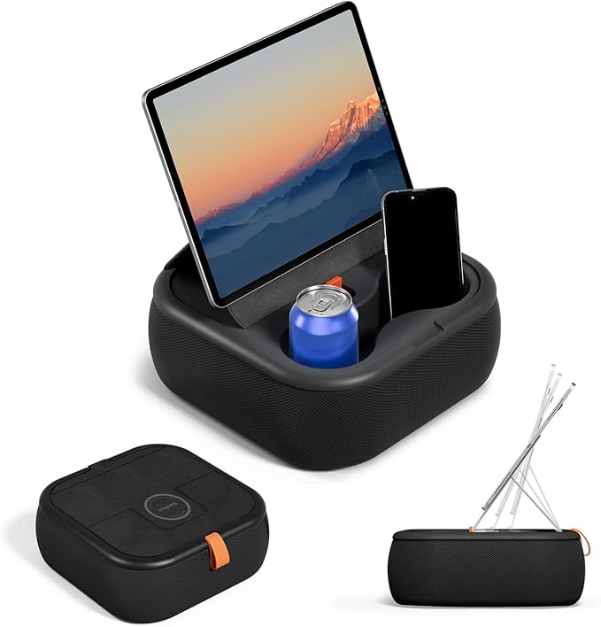 Magnetic Tablet Pillow Stand, Lap Tablet Holder with Two Magnetic Rings, Compatible with 4-13" Phones, Tablets, Kindle, Cozy Pillow Stand for Lap, Desk, Bed, Black