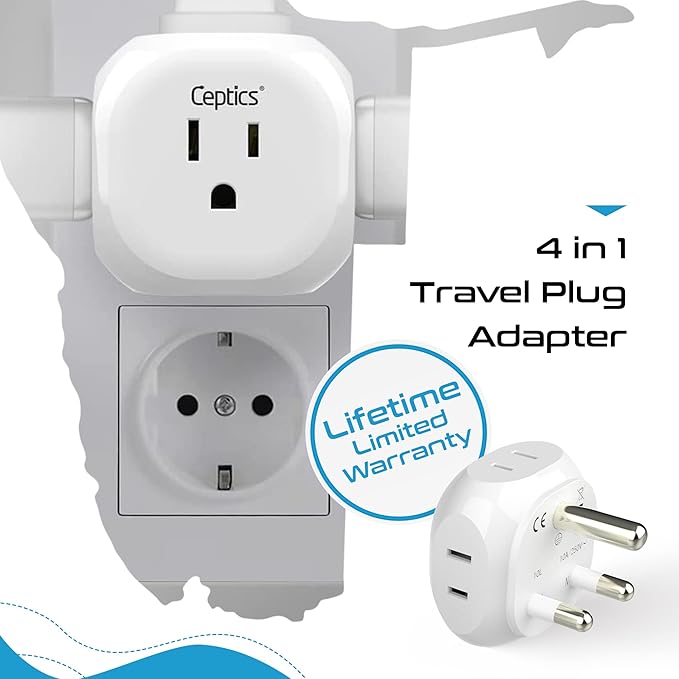 Ceptics South Africa Travel Plug Adapter Set - 4 Input - Ultra Compact - Light Weight - Type M and Type G - USA to Any Type M Countries Such as Botswana, Namibia - 4 Pack (PT-7-10L-4PK),White