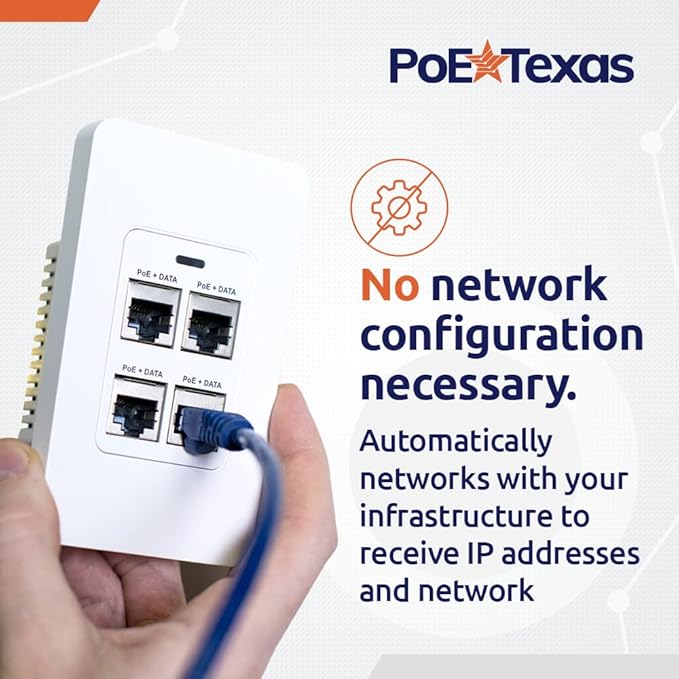 PoE Texas 4 Port in-Wall Gigabit PoE Extender Switch - Plug & Play Stable Power Over Ethernet Switch Plate with IEEE 802.3bt Uplink & Full Passthrough VLAN - Extends WiFi Access Point, Network, VoIP
