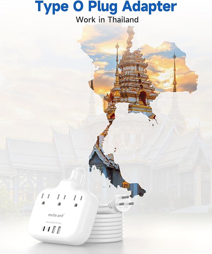 Thailand Power Adapter with 4FT Extension Cord, meta-ant Thailand Plug Adapter with 3 American Outlets 4 USB Ports(2 USB-C), Type O Adapter for US to Thailand