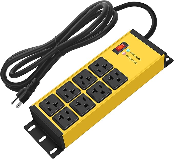 CCCEI Yellow Heavy Duty Power Strip Surge Protector 20 AMP, 8 Outlets 12 Gauge Industrial Shop Garage Metal Multiple Outlets, 4 FT Extension Cord 5-15P Adapter High Amp 6-20R T-Slot 20a for Appliance
