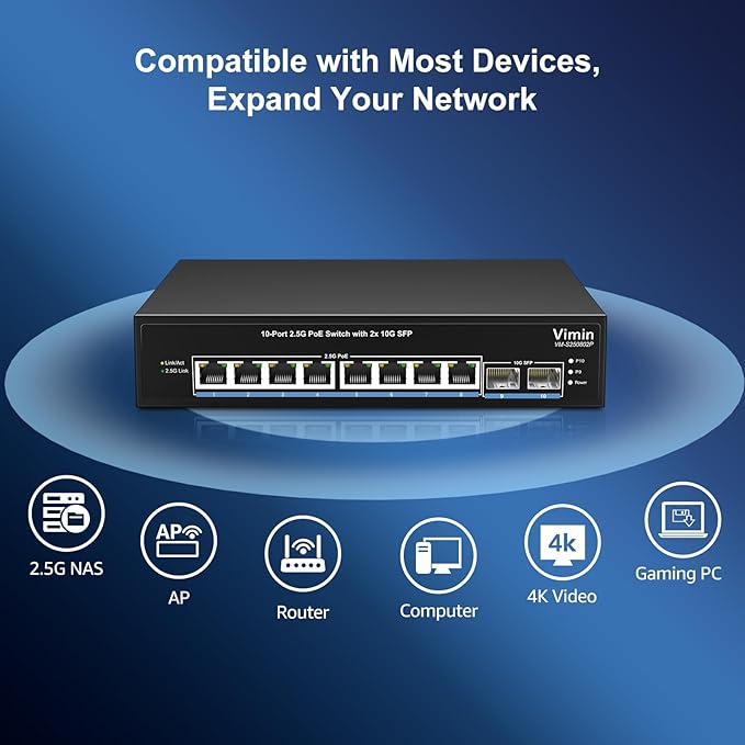 8 Port 2.5G PoE Switch Unmanaged, VIMIN 10x 2.5G Base-T PoE Switch, 2X 10G SFP PoE Switch IEEE802.3af/at, 80Gbps Ethernet Switching Capacity, 150W Switch for 2.5Gb NAS/PC, Metal Housing, Fanless